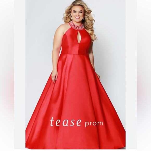 Tease Prom Cherry Red Satin Beaded Halter Cleopatra Glam Full Skirt Formal Dress - Picture 1 of 5